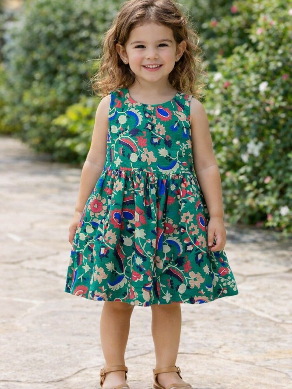 Mini Boden Floral Dress Green Lined Girls Size 3-4 Years